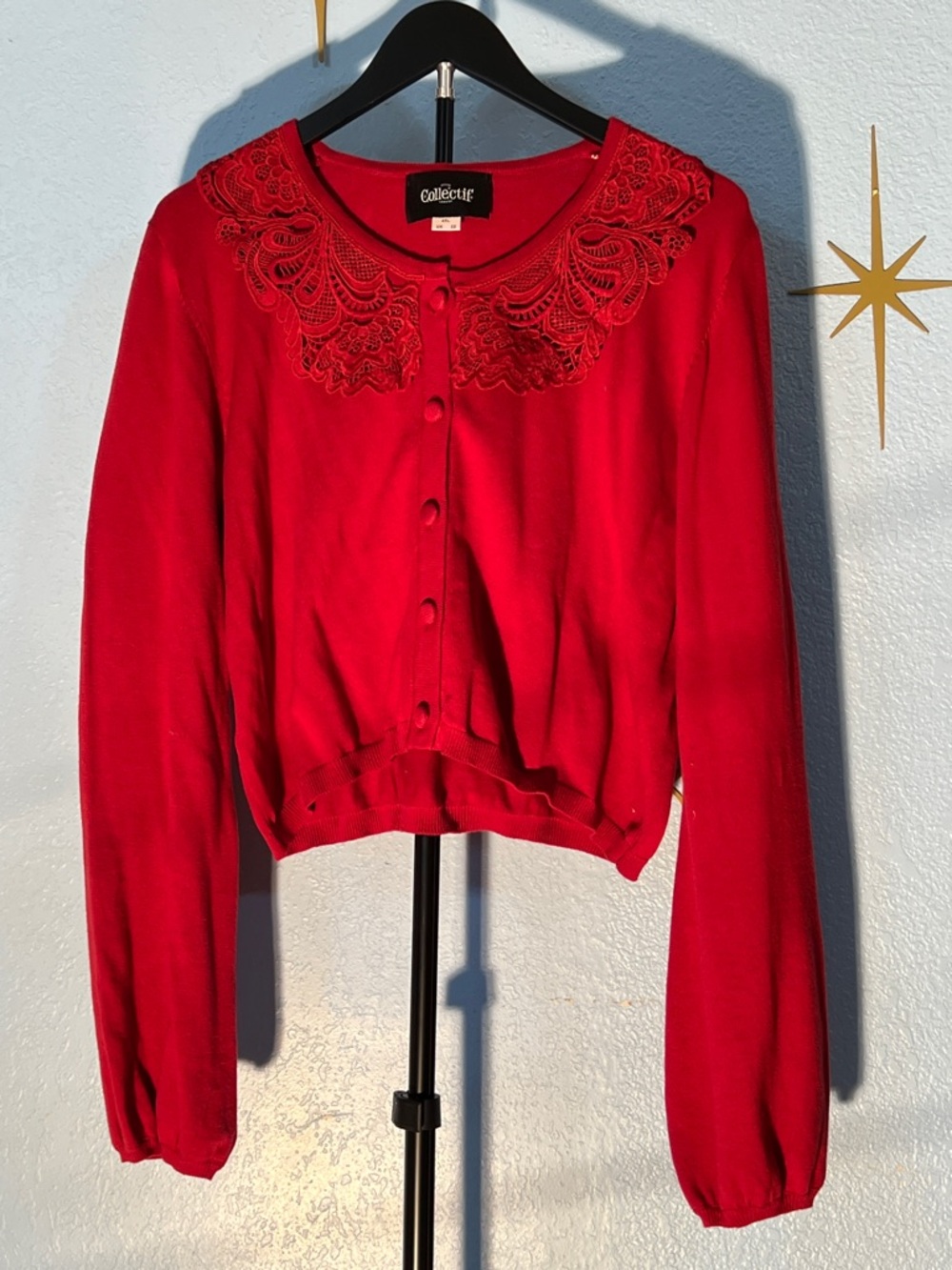 Collectif Bright Red Lace-Collar Cardigan